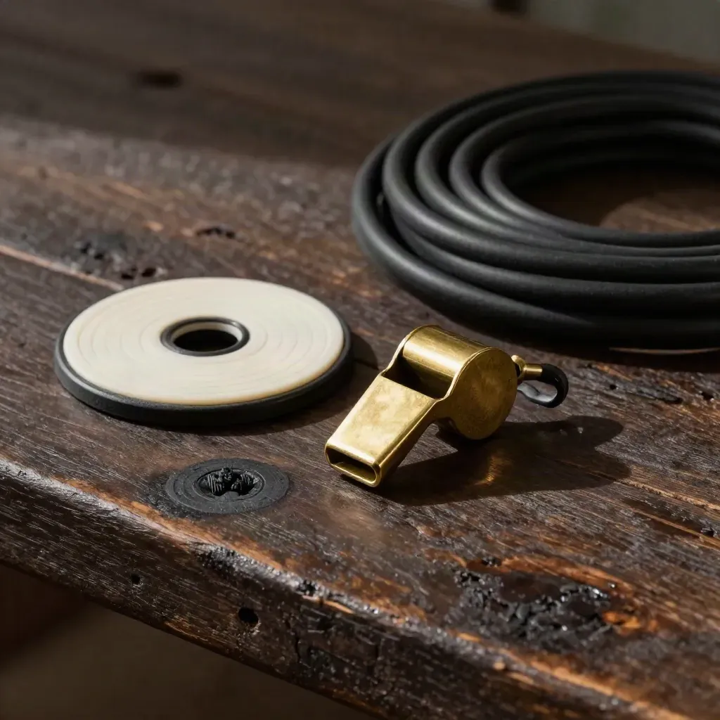 Clicker, fischietto in ottone, disco target e lunghina su banco in rovere scuro.