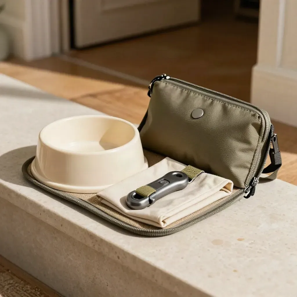 Kit da casa per addestramento canino con ciotola pieghevole, clicker e accessori su pietra.