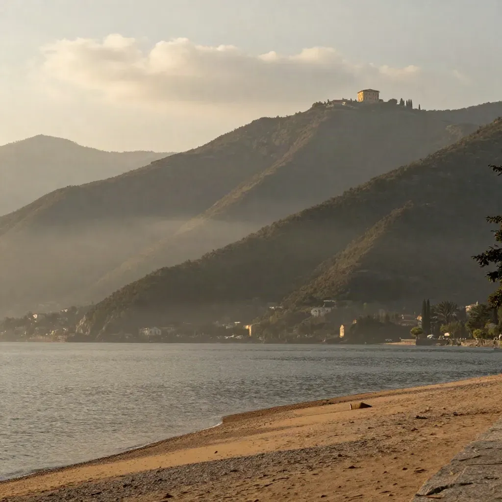 Panorama del Lago di Como al tramonto con villa lontana e colline velate dalla foschia.